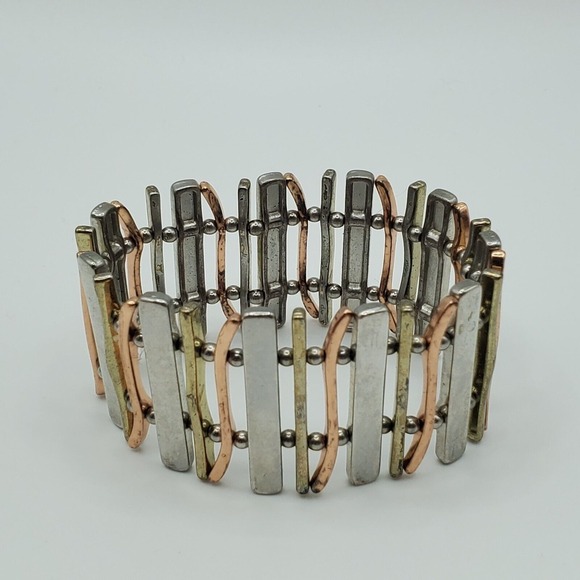 Tri Tone Slat Bracelet Stretch Gold Silver Rose Tone Womens Fashion Jewelry - Picture 1 of 8